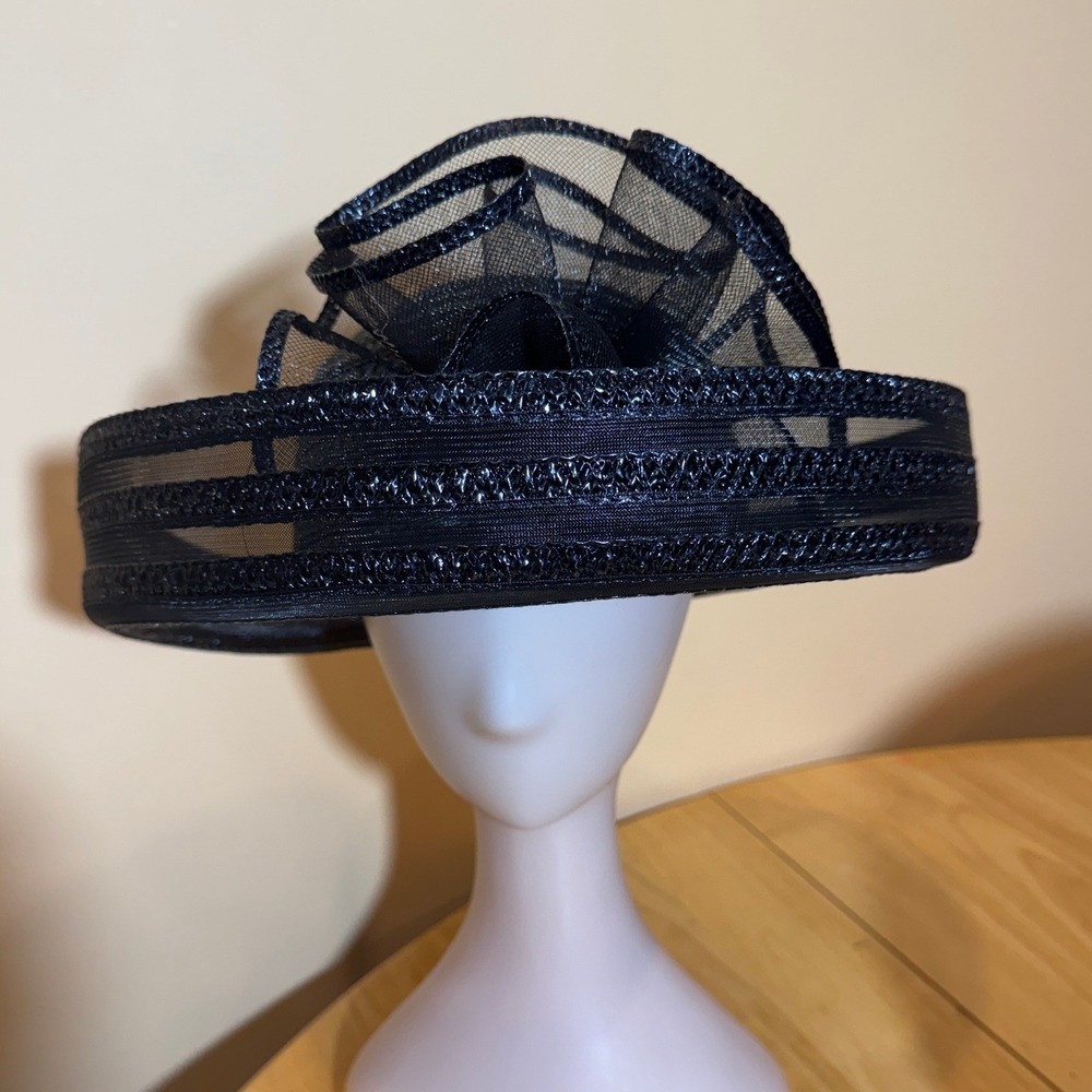 Vintage Black Metallic Sheer Mesh Wide Brim Bow Dress Hat Kentucky Derby Church